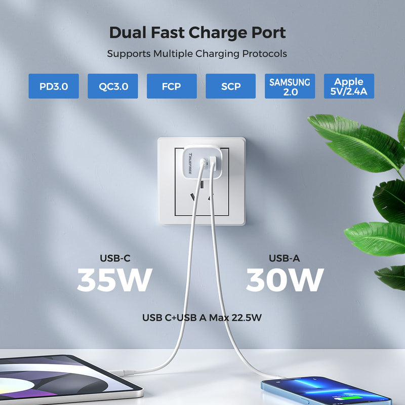 USB C Charger TRUEFREE 35W Dual-Port Wall Charger GaN Power Adapter Fast Charging for iPhone 14/14 Pro/14 Pro Max/14 Plus/13/12/11/Android